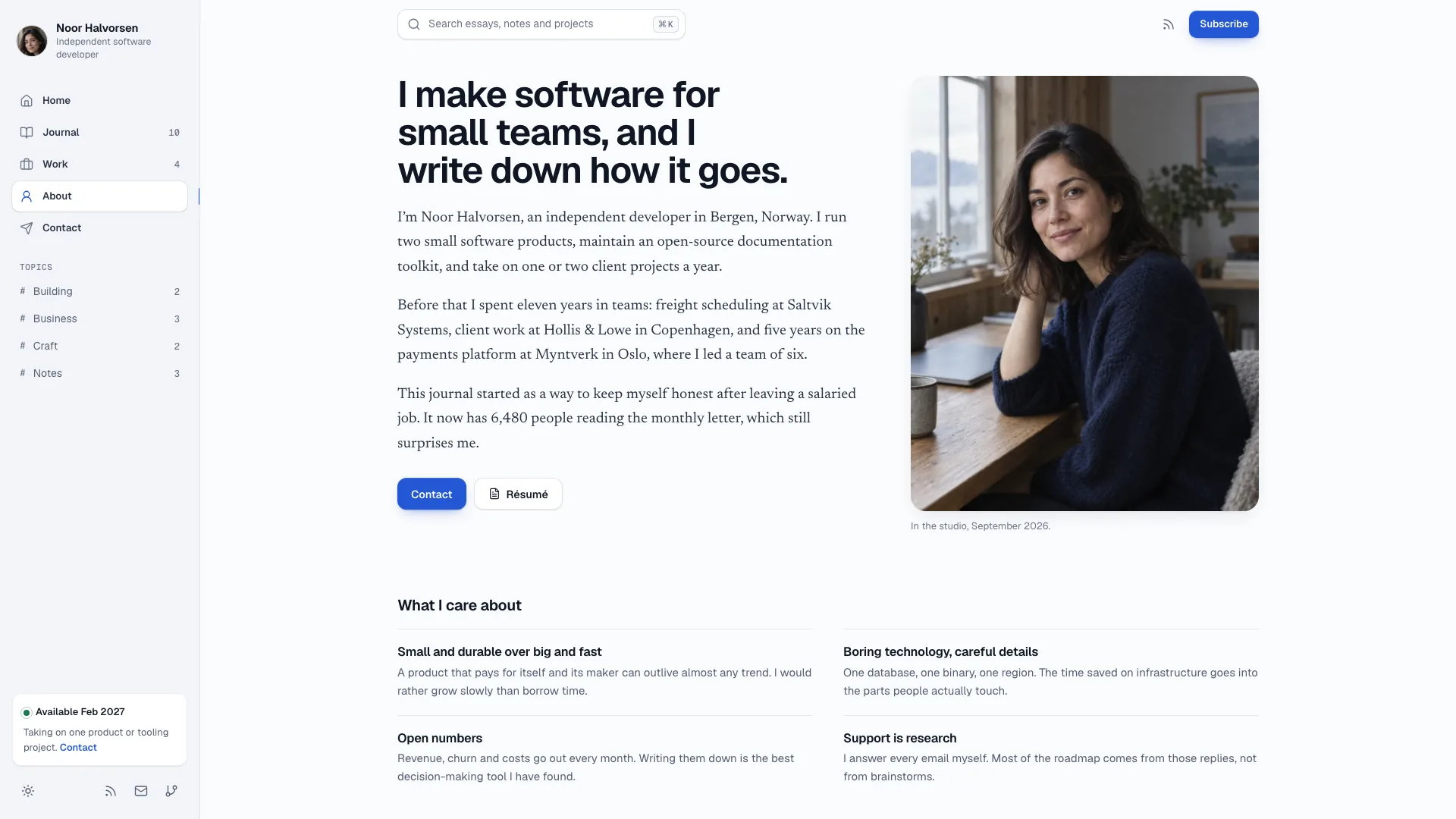 About page with the headline I make software for small teams, and I write down how it goes, a short serif biography, Contact and Résumé buttons and a portrait at a window desk