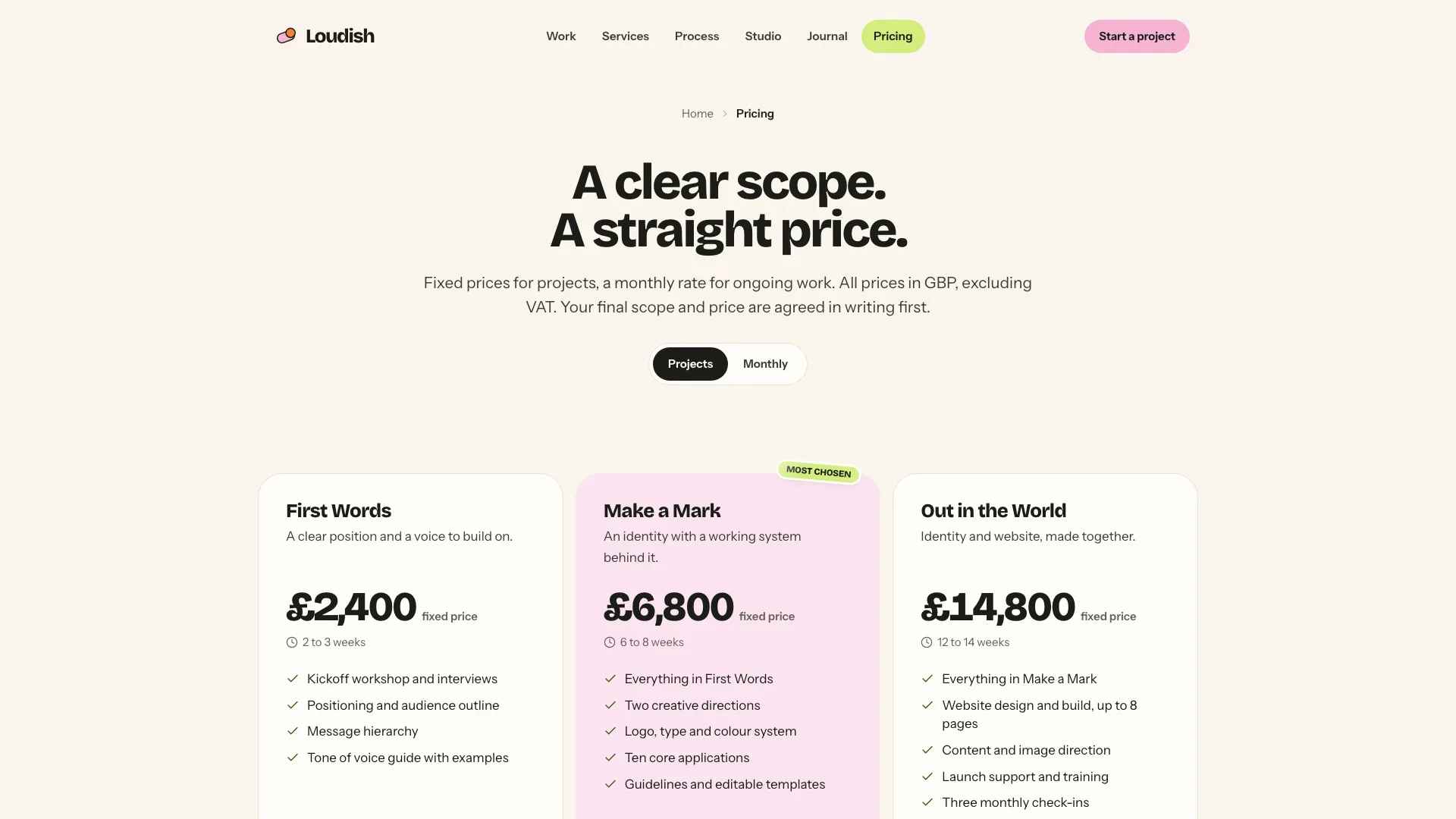 Pricing page: A clear scope. A straight price. above a Projects and Monthly toggle and three plan cards