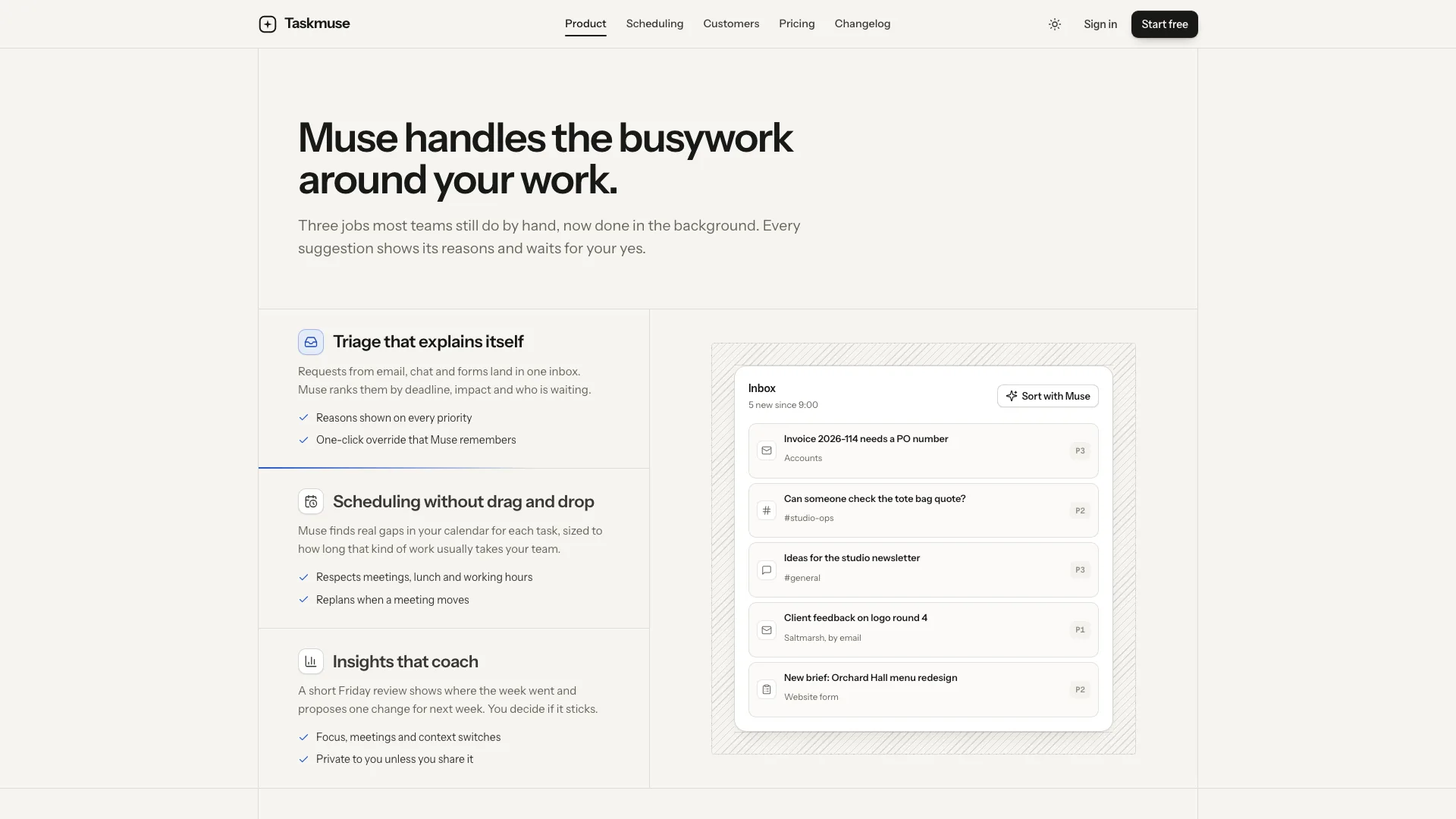 Feature section listing three assistant jobs, triage, scheduling and insights, beside an inbox sorted by priority