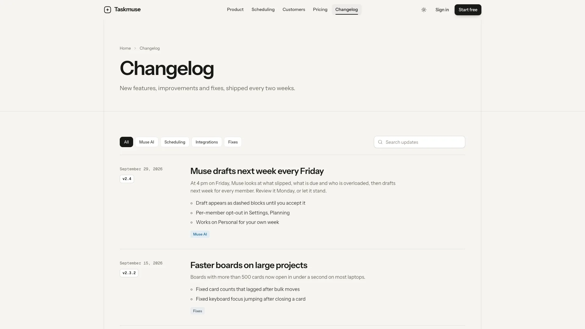 Changelog page with topic filter chips, a search field and dated release entries
