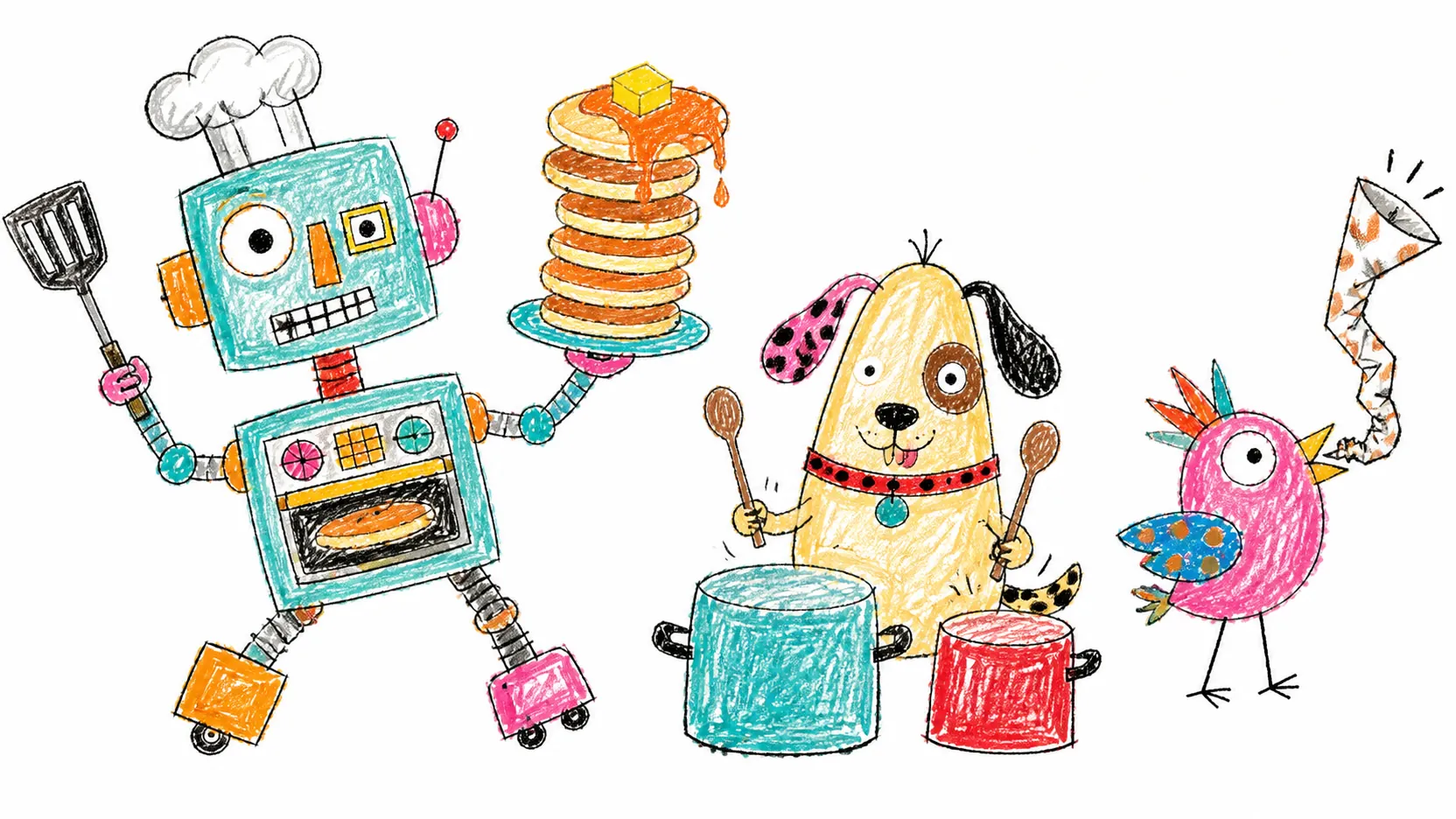 A robot cook, pancake stack, puppy drummer, and horn-playing bird
